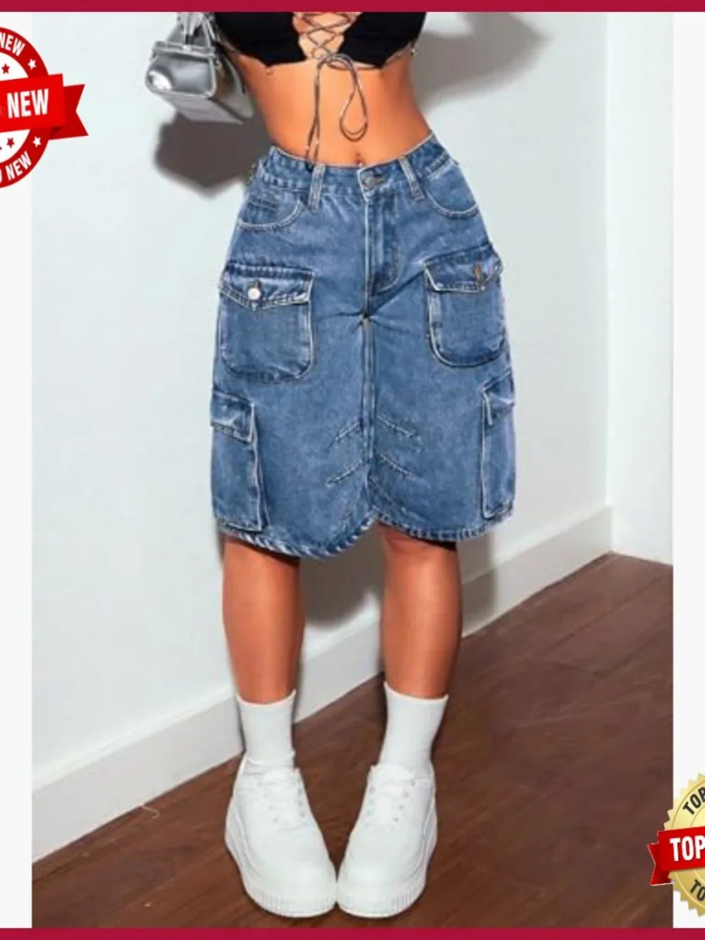 High Waisted Baggy Cargo Denim Shorts with Pockets
